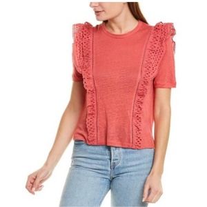 Veronica Beard Jeans Womens Prema Linen Melon Eyelet Ruffle Trim Top Shirt Large